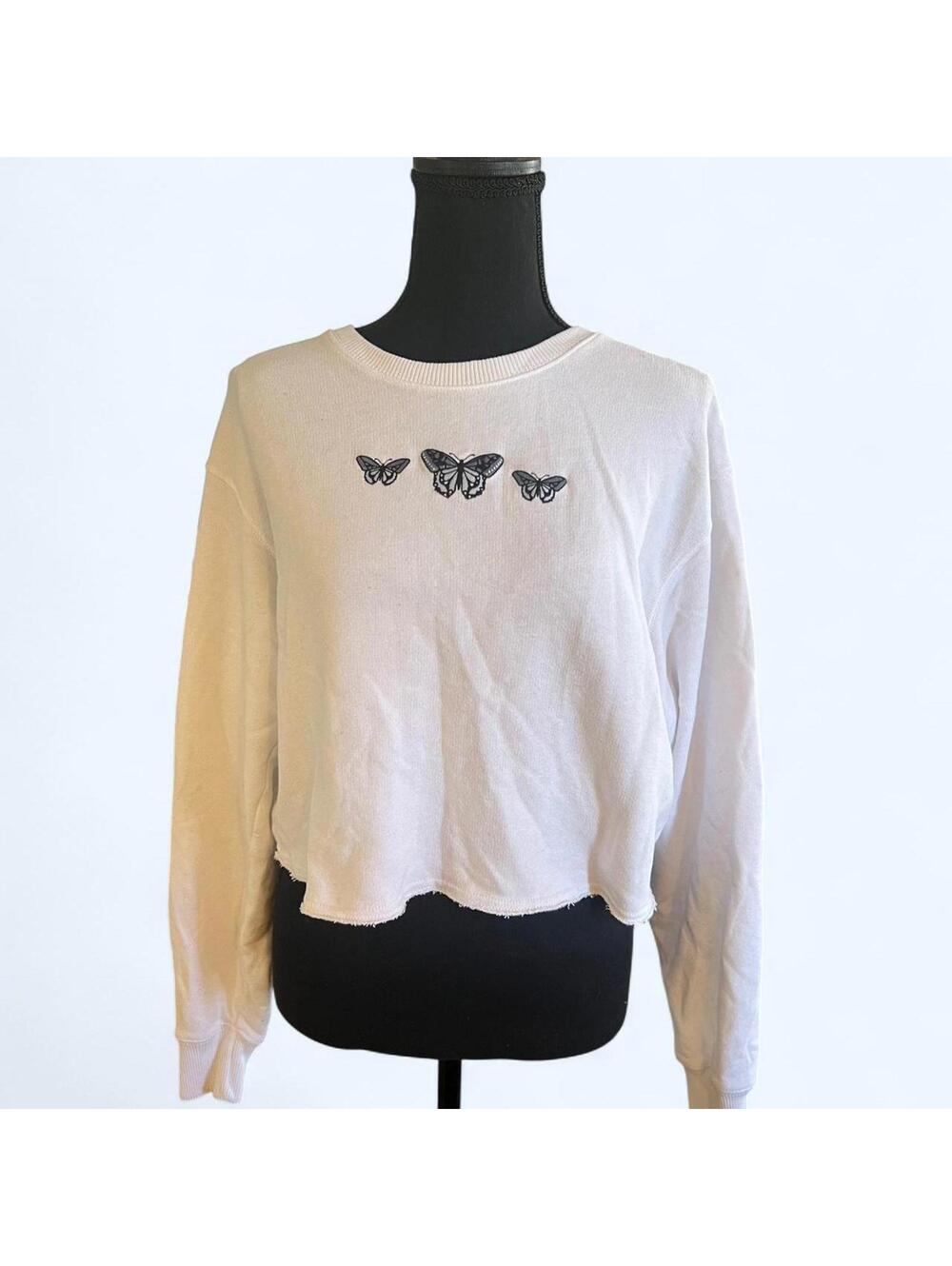 Vintage Y2k Hollister White Butterfly Cropped Sweatshirt Size Small